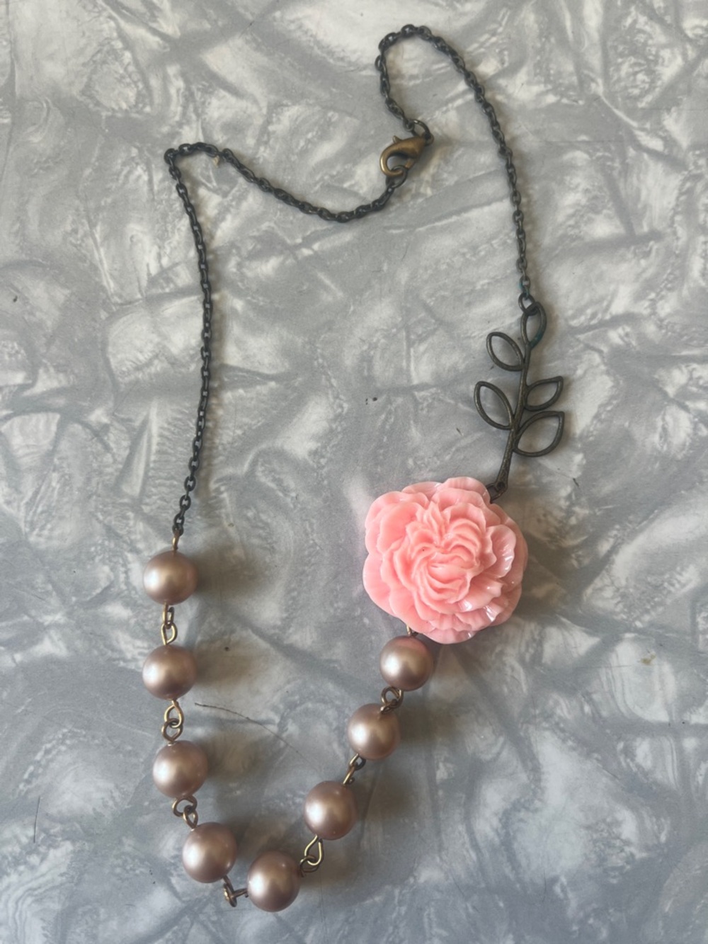 Pink Flower Pendant Pearl Necklace with Leaf Accent - Women Jewelry
